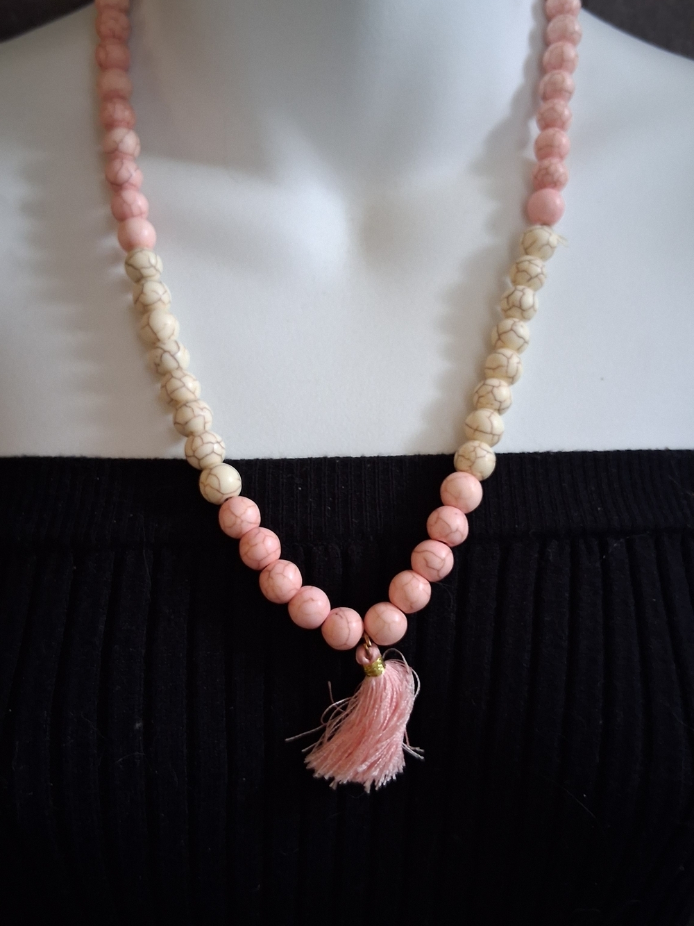 Pink and Cream Beaded Tassel Necklace